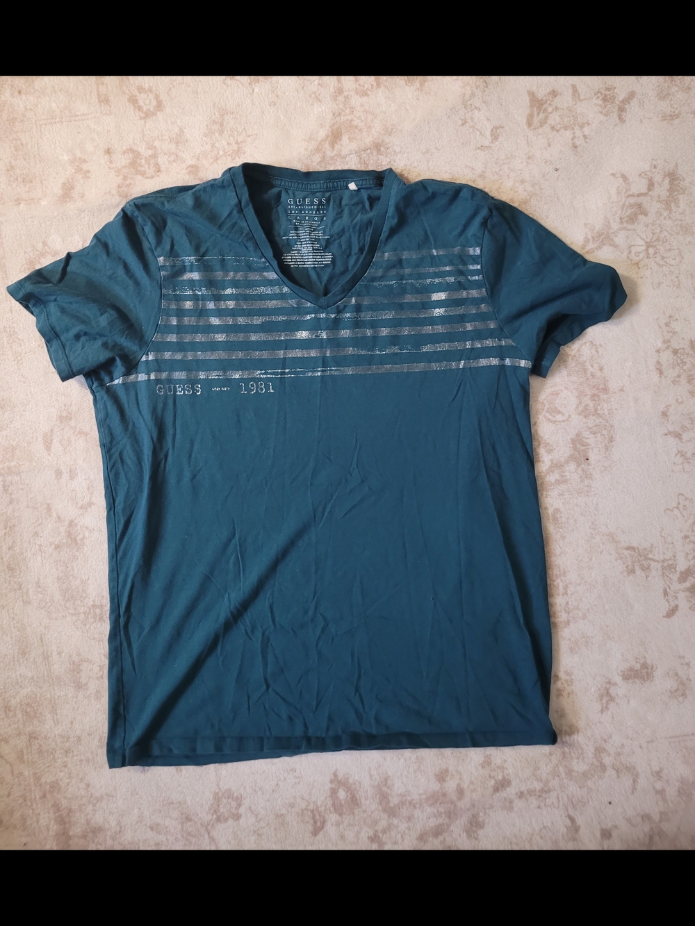 GUESS Teal V-Neck Striped Graphic Men's Tee